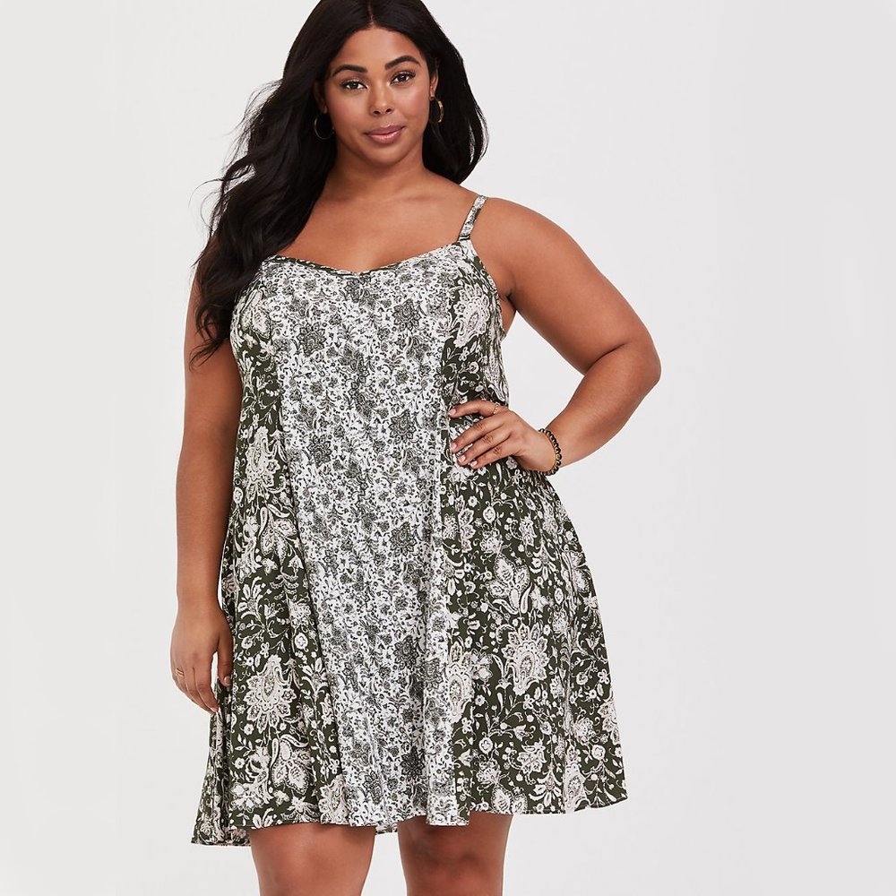 Olive Green Mixed Floral Challis Trapeze Dress